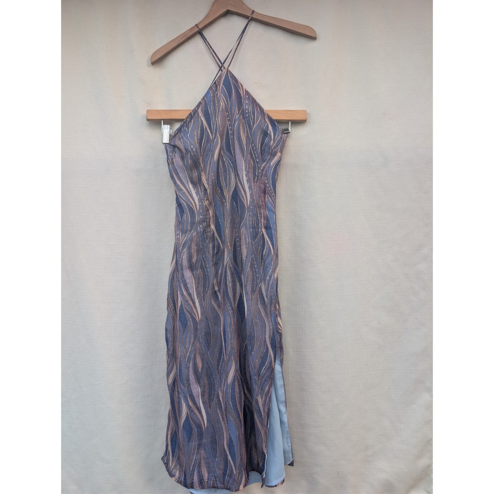 Lulus Halter Maxi Dress Womens L Blue Gold Metallic Swirl Backless NWT Mermaid